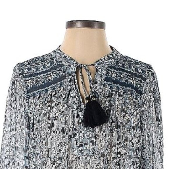 CUPIO, Boho navy blue and white print long sleeve blouse with front tie - Picture 5 of 8